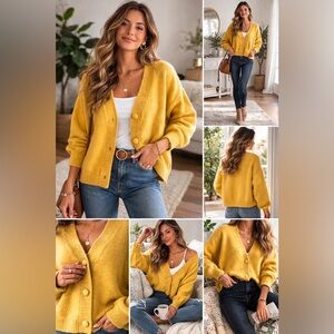 Pepaloves Anthropologie Mustard Yellow Button Cardigan Sweater Size L